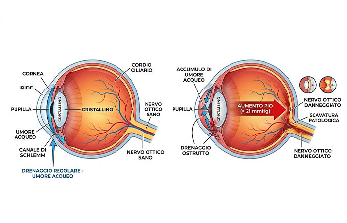 Immagine esplicativa delle differenze tra un occhio sano e un occhio con glaucoma: quali elementi suggerisocno la condizione.
